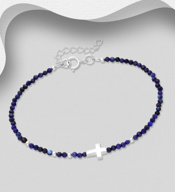 Srebrna narukvica križ s lapis lazulijem-SB7236-lapis lazuli