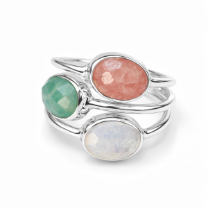 Srebrni prsten Linnea – Mjesečev kamen, Rodokrozit & Amazonit